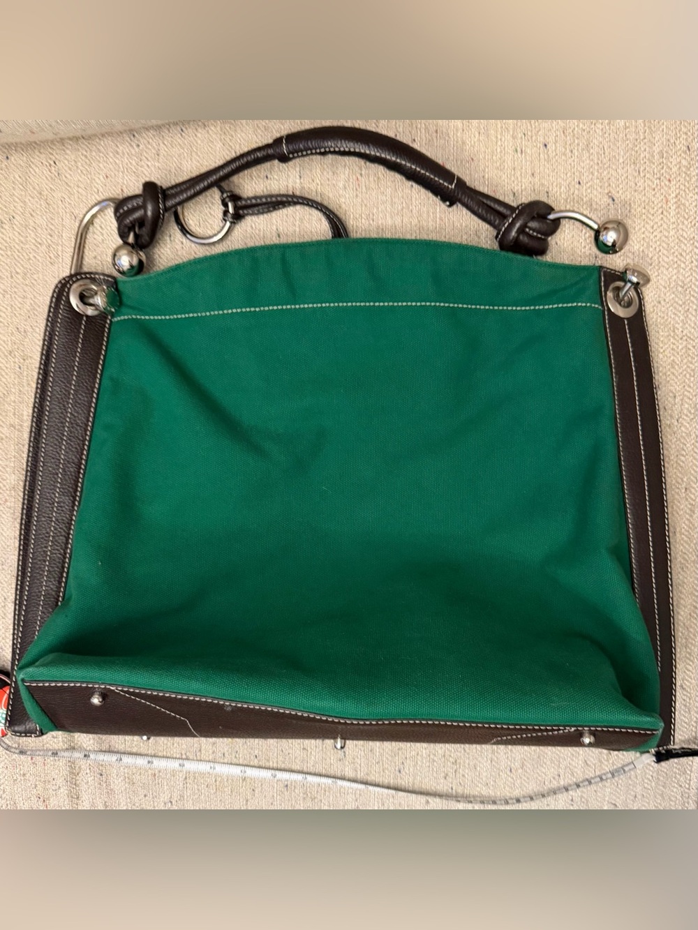 BCBGMaxAzria Green Canvas Messenger Bag with Dark Brown Leather Trim - Picture 4 of 11